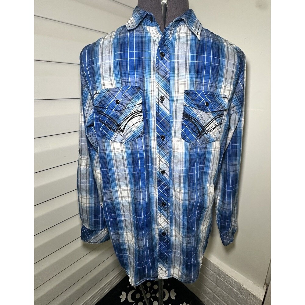 Chalc Rock & Roll Western Size Large Blue Black Plaid Long Sleeve Collar Shirt